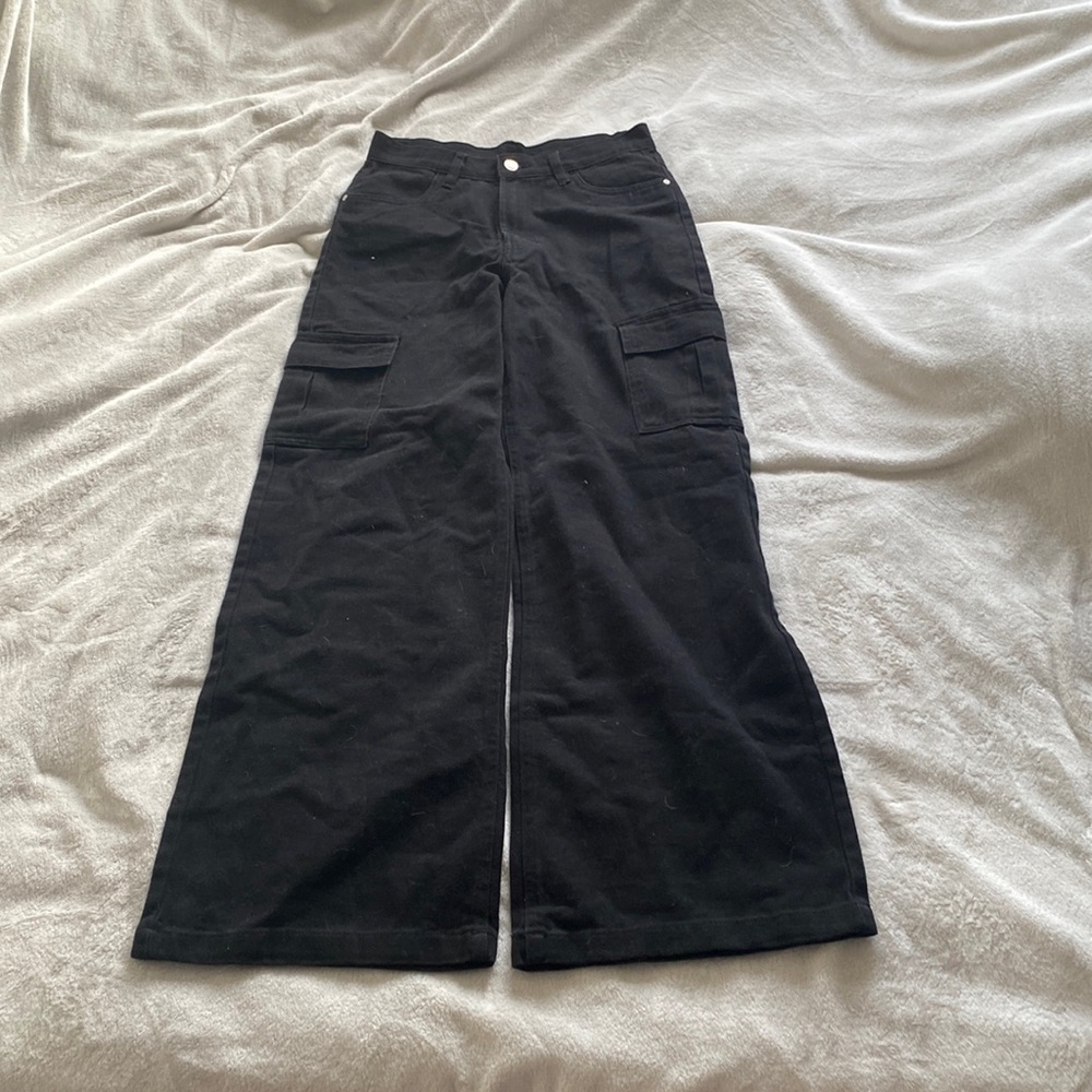 Black high rise cargo jeans.